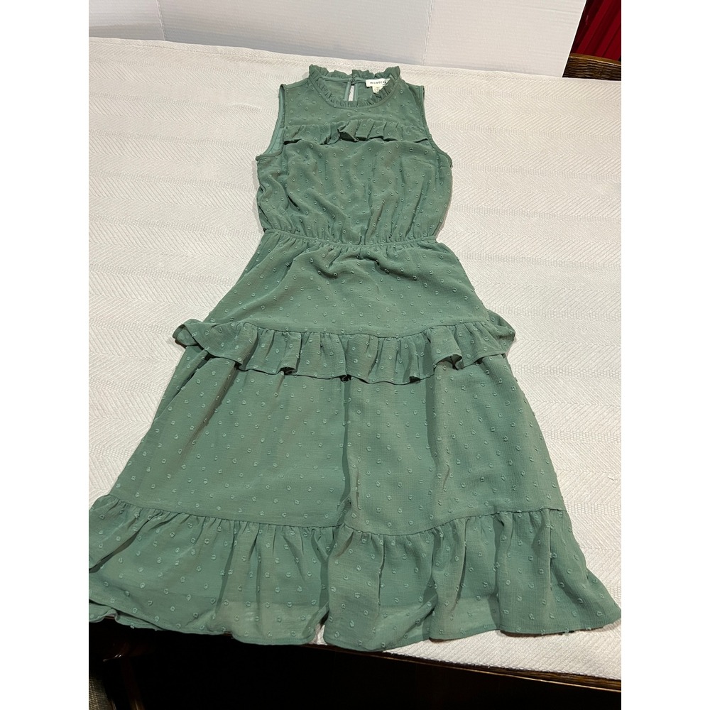 Monteau Dress Womens XS Boho Sage Green Sleeveless Swiss Dot Tiered Midi Dress - Picture 2 of 7